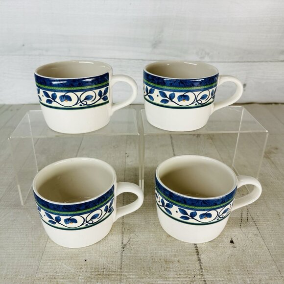 Pfaltzgraff ORLEANS Blue Green Vines Yellow Stoneware Flat 8oz Cups Mugs Set 4 - Picture 3 of 16
